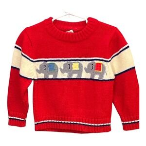 Vintage Red Popsicle Kids Elephant Sweater Appliqué Knit Cute 80s 90s Style